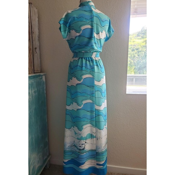 Vintage 1970s Malia Honolulu Hawaiian Maxi Dress Blue Ocean Wave Sailboat S / M - Picture 5 of 13